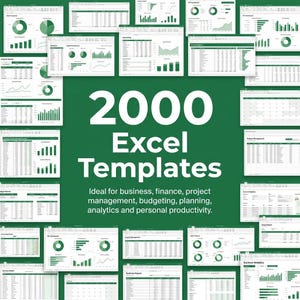 Könnte beinhalten: Werbebild mit zahlreichen Excel-Tabellenvorlagen auf grünem Hintergrund. Der Text lautet "2000 Excel Templates" mit Details zu ihren Anwendungen in den Bereichen Wirtschaft, Finanzen und Projektmanagement.