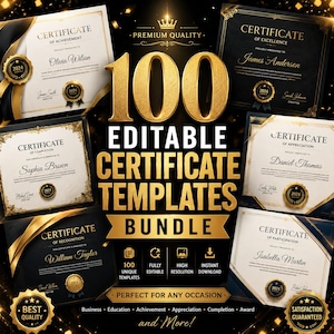 100 Editable Certificate Templates Bundle | Award Diploma Certificates | EPS Vector Files | Adobe Illustrator & CorelDRAW Instant Download