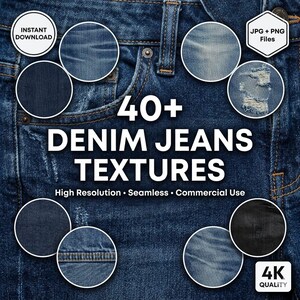 Könnte beinhalten: Nahaufnahme von blauen Jeans mit dem Text "40+ DENIM JEANS TEXTURES." Das Bild enthält kreisförmige Muster von Denim-Texturen und Symbole für "Sofort-Download", "JPG + PNG-Dateien" und "4K-Qualität."