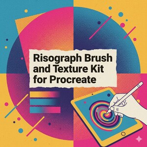 Può includere: Grafica colorata che promuove un kit di pennelli e texture Risograph per Procreate. L'immagine presenta un tablet con uno stilo, una mano che disegna un motivo a spirale e testo su uno sfondo di carta strappata. Lo sfondo ha un design geometrico con blu, rosa e giallo.