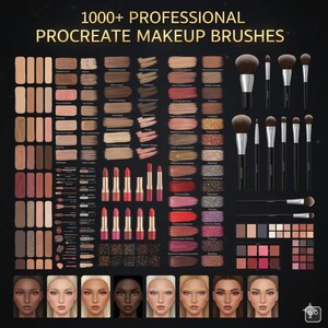 以下が含まれることがあります： 「1000+ PROFESSIONAL PROCREATE MAKEUP BRUSHES」のテキストが入った、プロのProcreateメイクブラシとパレットの詰め合わせ。画像には、さまざまなアイシャドウパレット、口紅、メイクアップカラーのスウォッチ、顔の画像が含まれています。