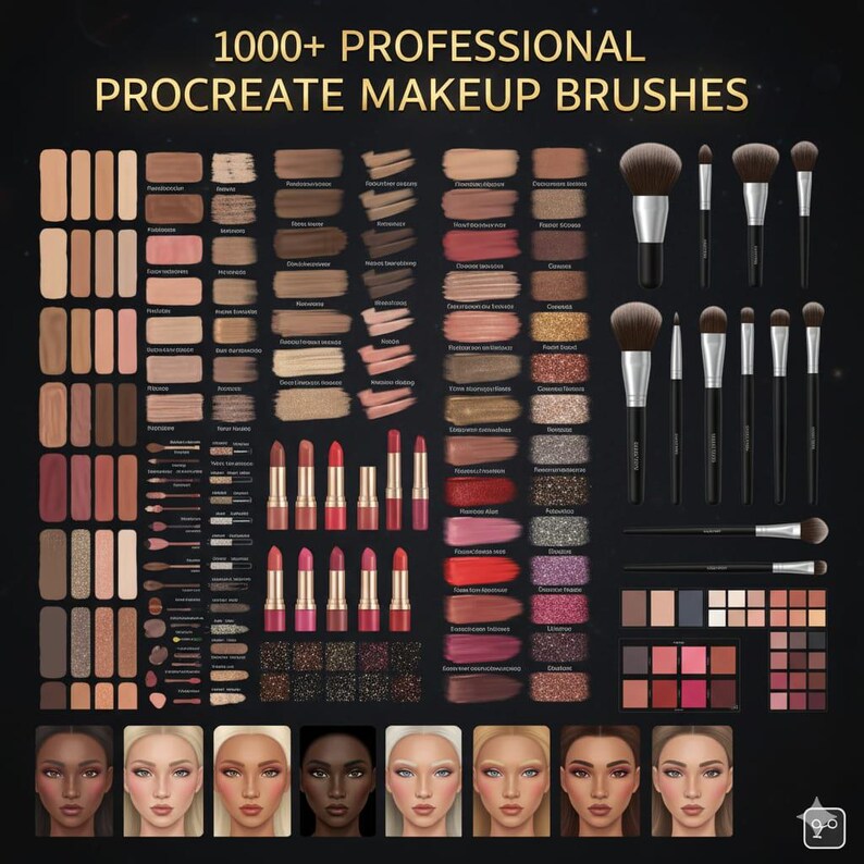 以下が含まれることがあります： 「1000+ PROFESSIONAL PROCREATE MAKEUP BRUSHES」のテキストが入った、プロのProcreateメイクブラシとパレットの詰め合わせ。画像には、さまざまなアイシャドウパレット、口紅、メイクアップカラーのスウォッチ、顔の画像が含まれています。