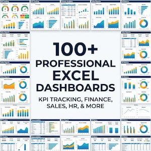 Puede incluir: Una colección de más de 100 paneles profesionales de Excel. Los paneles muestran visualizaciones de datos para el seguimiento de KPI, finanzas, ventas y métricas de RRHH. La imagen presenta gráficos y tablas de datos en varios colores.