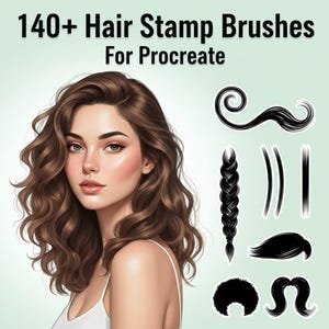 Könnte beinhalten: Digitale Illustration einer Frau mit welligem braunem Haar und Beispielen von Haarstempelpinseln. Der Text oben lautet "140+ Hair Stamp Brushes For Procreate". Die Pinsel umfassen verschiedene Haar- und Gesichtsbehaarungsstile.