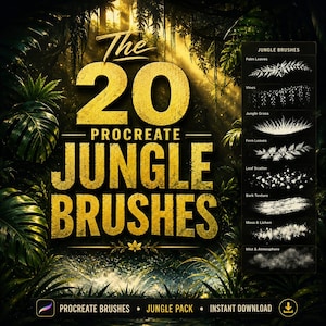 Könnte beinhalten: Werbung für digitale Kunstpinsel mit dem Text "The 20 Procreate Jungle Brushes" in Gold vor einem Dschungelhintergrund. Das Bild zeigt verschiedene Pinseltypen, wie Palmenblätter, Lianen und Dschungelgras, für die digitale Kunst.