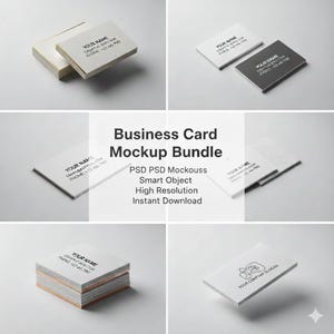 Könnte beinhalten: Ein Business-Card-Mockup-Bundle mit verschiedenen Stapeln und einzelnen Karten. Die Karten sind weiß mit aufgedrucktem Text, einschließlich "YOUR NAME" und Kontaktinformationen. Das Bild enthält den Text "Business Card Mockup Bundle" und "Instant Download".
