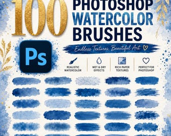 水彩画用Photoshopブラシ100種類、Procreate＆PSブラシ、水彩画スタンプパック、デジタル水彩ブラシセット、即時ダウンロード