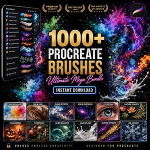 Könnte beinhalten: Werbung für ein digitales Kunstpaket. Das Bild zeigt ein Tablet mit Pinseloptionen, mit dem Text "1000+ Procreate Brushes" und "Ultimate Mega Bundle". Verschiedene Pinselkategorien werden gezeigt, darunter Aquarell, Fell, Wolkeneffekte und Glitzereffekte.