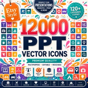 May include: A colorful graphic with the text "12000 PPT Vector Icons" and "Etsy Style" tag. The design includes various icons, the words "Perfect for Presentations" and "120+ Categories Covered". The icons are multipurpose, editable, and resizable.