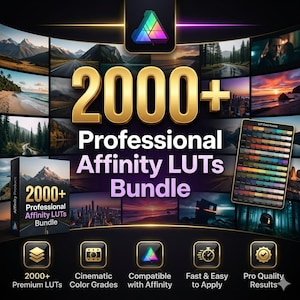 Könnte beinhalten: Werbebild für ein professionelles Affinity LUTs-Bundle. Der Text "2000+ Professional Affinity LUTs Bundle" ist prominent dargestellt. Das Bild zeigt LUT-Vorschauen und Icons, die Funktionen wie filmische Farbkorrekturen hervorheben.