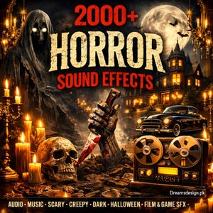 Könnte beinhalten: Digitalillustration, die "2000+ HORROR SOUND EFFECTS" bewirbt. Das Bild zeigt ein Horrorthema mit einem Schädel, einer Hand, die ein blutiges Messer hält, einem Spukhaus und einem Oldtimer. Der Hintergrund umfasst Kerzen, einen Vollmond und Fledermäuse.