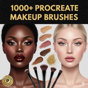 Pode incluir: Ilustração digital com duas mulheres maquiadas, pincéis de maquiagem e amostras de maquiagem. O texto "1000+ PROCREATE MAKEUP BRUSHES" está no topo. A imagem inclui uma variedade de pincéis de maquiagem e uma paleta de cores.