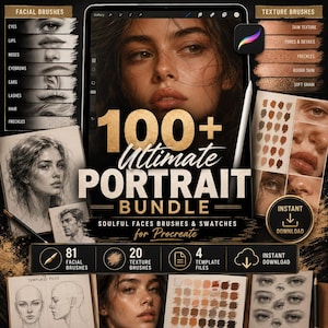Könnte beinhalten: Ein digitales Kunstpaket für Procreate mit dem Text 100+ Ultimate Portrait Bundle, 81 Gesichtspinseln, 20 Texturpinseln und 4 Vorlagendateien. Die Anzeige enthält Porträtskizzen, Hautton-Farbfelder sowie detaillierte Studien von Augen, Lippen und Nasen.