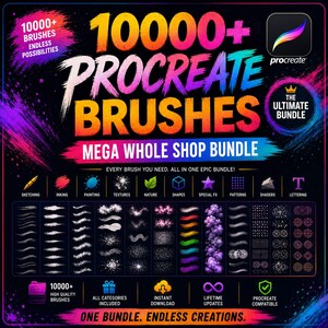 Könnte beinhalten: Werbung für ein digitales Kunstpaket von Procreate, mit dem Logo der App. Das Bild zeigt eine Sammlung von über 10.000 Pinseln, kategorisiert für Skizzen, Tusche, Malerei und andere künstlerische Techniken. Der Text hebt das "Mega Whole Shop Bundle" hervor.