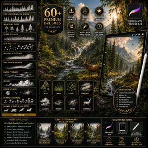 Op de afbeelding: Een digitale productweergave voor 60+ Procreate-penselen met een tabletscherm waarop een boslandschap met een hert, een waterval en bergen te zien is. De lay-out bevat tekstlabels voor verschillende penseelcategorieën.