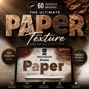 Pode incluir: Design de arte digital com um tablet com as palavras "Paper Texture Brush Collection" e "60 Procreate Brushes." O design inclui uma caneta e emblemas circulares com texto como "Alta Resolução" e "Perfeito para Arte e Design Digital."
