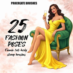 Könnte beinhalten: Digitale Illustration einer Frau in einem gelben Kleid, die in einem grünen Stuhl sitzt und ein Sektglas hält. Das Bild enthält den Text "25 Fashion Poses" und "Female full-body stamp brushes" mit den Worten "Procreate Brushes" oben.