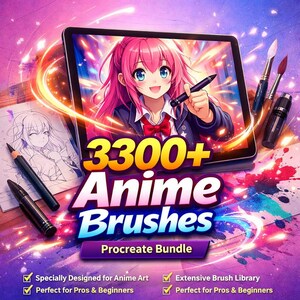 Könnte beinhalten: Werbung für ein digitales Kunstpaket mit einem Tablet, das einen Anime-Charakter mit rosa Haaren zeigt. Der Text lautet "3300+ Anime Brushes Procreate Bundle". Zusätzliche Kunstutensilien und eine Skizze sind sichtbar.