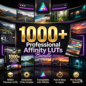 Peut inclure: Image promotionnelle pour un ensemble de produits numériques. Le visuel présente le texte "1000+ Professional Affinity LUTs Bundle" en lettres dorées. Il comprend des exemples d'images, une palette de couleurs et des icônes indiquant des fonctionnalités.
