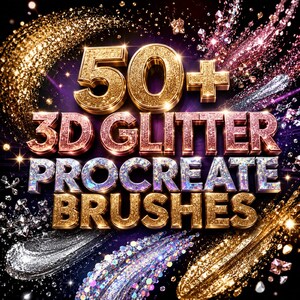 Könnte beinhalten: Eine digitale Grafik mit dem Text 50+ 3D GLITTER PROCREATE BRUSHES in fetter, metallischer, dreidimensionaler Schrift. Die Buchstaben sind in Gold-, Roségold- und Silberglitter-Texturen vor einem dunklen, funkelnden Hintergrund dargestellt.
