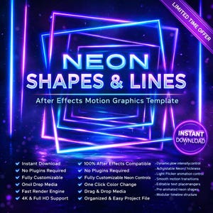 Puede incluir: Gráfico digital con el texto "NEON SHAPES & LINES" en blanco y azul, con un diseño de neón morado y azul. La imagen promociona una plantilla de After Effects Motion Graphics con descarga instantánea y controles personalizables.