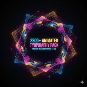 Puede incluir: Gráfico digital sobre fondo negro, con un diseño geométrico en azul, rosa y amarillo. El texto dice "2300+ ANIMATED TYPOGRAPHY PACK" y "MODERN MOTION GRAPHICS STYLE".