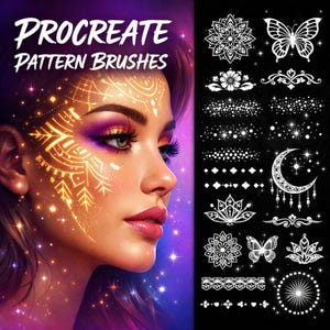 Könnte beinhalten: Digitales Kunstwerk einer Frau mit lebendigem Make-up und leuchtender Gesichtskunst. Das Bild enthält den Text "PROCREATE PATTERN BRUSHES" und zeigt verschiedene weiße Musterpinsel-Designs, darunter Blumen, Schmetterlinge und Himmelsformen, vor schwarzem Hintergrund.