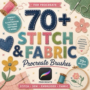 May include: An illustration featuring the text "70+ STITCH & FABRIC Procreate Brushes" with a denim-like texture. The image includes embroidery elements, spools of thread, and the Procreate app icon. The text "FOR PROCREATE" is also visible.