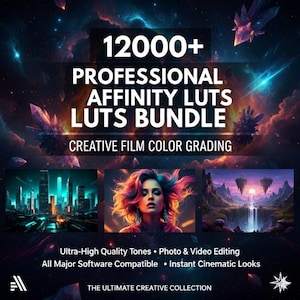 Peut inclure: Visuel numérique annonçant un "12000+ Professional Affinity Luts Bundle" pour l'étalonnage des couleurs de films créatifs. L'image présente une femme aux cheveux colorés et trois exemples d'images. Le texte comprend "Ultra-High Quality Tones" et "Instant Cinematic Looks."