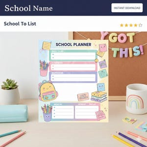 Könnte beinhalten: Ein farbenfroher Schulplaner mit Abschnitten für tägliche Aufgaben, Hausaufgaben und Erinnerungen. Der Planer zeigt eine niedliche Rucksackgrafik, Bleistiftillustrationen und den Text "School Planner".