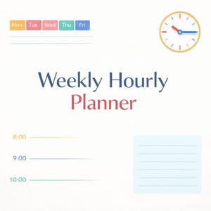 Könnte beinhalten: Ein weißer Wochenplaner mit einer Uhr und einem Abschnitt für jeden Wochentag. Der Planer enthält den Text "Weekly Hourly Planner" in Blau und Rot. Die Uhr hat rote, blaue und gelbe Akzente.