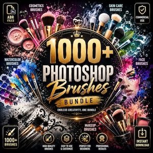 Könnte beinhalten: Grafik eines digitalen Kunstpakets mit dem Text "1000+ Photoshop Brushes Bundle". Das Bild zeigt verschiedene Make-up- und Kunstpinsel, Aquarellpaletten und ein Frauengesicht mit farbenfrohem Make-up. Enthält Symbole für "Commercial Use" und "Instant Download".