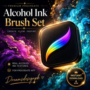 Könnte beinhalten: Werbung für ein Alcohol Ink Brush Set für Procreate. Das Bild zeigt ein schwarzes Quadrat mit einem regenbogenfarbenen Pinselstrich. Der Text lautet "Premium Procreate", "Alcohol Ink Brush Set" und "Create. Flow. Inspire." Der Hintergrund zeigt farbenfrohe Tintenstrukturen.