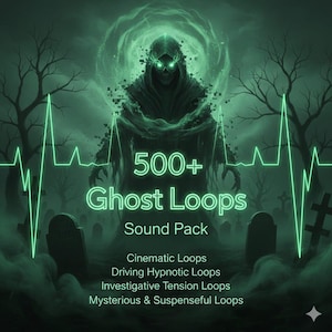 Könnte beinhalten: Digitale Illustration für ein Soundpaket mit einer Geisterfigur mit leuchtend grünen Augen und Kapuzenmantel. Der Text lautet "500+ Ghost Loops Sound Pack" mit zusätzlichem Text, der Loop-Typen auflistet. Der Hintergrund zeigt eine Friedhofsszene.