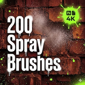Könnte beinhalten: Ein Backsteinmauer-Hintergrund mit dem Text "200 Spray Brushes" in weißer, tropfender Schrift. Ein Sprüheffekt ist sichtbar, zusammen mit einem grünen Klecks mit dem Text "Ps 4K".