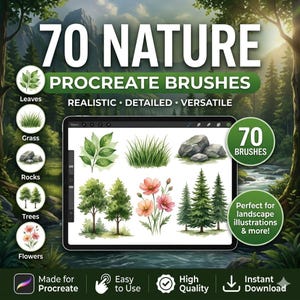 Puede incluir: Pinceles digitales para Procreate con 70 opciones temáticas de la naturaleza. Incluye hojas, hierba, rocas, árboles y flores. El texto dice "70 NATURE PROCREATE BRUSHES" y "REALISTIC • DETAILED • VERSATILE".