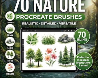 Nature Procreate ブラシバンドル – 植物、葉、花、草、木のスタンプ70種類 | デジタルアートブラシパック