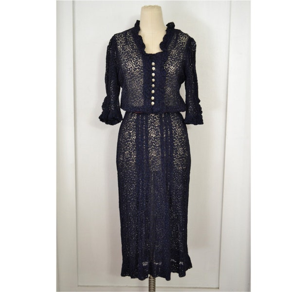 1940's Vintage Lace Dress // Vintage Dark Blue Chantilly Lace Dress / Lace Gown w/ Rhinestone Buttons