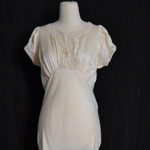 1930's / 1940s Vintage Nightgown, Full Length Bias Cut Pale Peach Silk Gown w/ Lace Insets