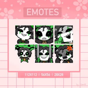 Könnte beinhalten: Rosa Grafik mit dem Wort "EMOTES" oben. Darunter sechs Cartoon-Emotes in Schwarz, Grün und Weiß mit verschiedenen Gesichtsausdrücken. Das Bild enthält Größenangaben in Pixeln, wie 112x112, 56x56 und 28x28.