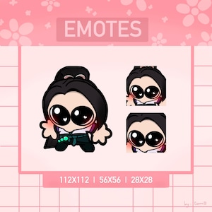 Peut inclure: Fond rose avec le mot « EMOTES » dans un rectangle rose. L'image présente un personnage de dessin animé aux grands yeux et aux cheveux noirs. Trois versions du personnage sont affichées, avec les dimensions : 112x112, 56x56 et 28x28.