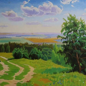 Pintura a óleo de paisagem original, Paisagem de campo de verão, Artista ucraniano soviético P. Buriak, Obra assinada, Pintura a óleo vintage