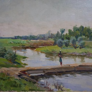 Pintura al óleo original antigua, Paisaje fluvial de verano, Pintura al óleo vintage, Artista ucraniano soviético V. A. Zhegur, Obra firmada, años 70