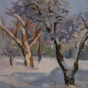 Pintura a óleo antiga original, Pintura a óleo vintage, Paisagem de floresta de inverno, Artista ucraniano soviético V. A. Zhegur, Obra assinada 1985