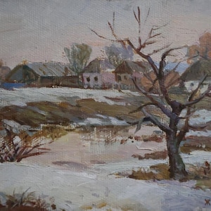 Pintura a óleo antiga original, Pintura a óleo vintage, Paisagem rural de inverno, Artista ucraniano soviético V. A. Zhegur, Obra assinada 1985