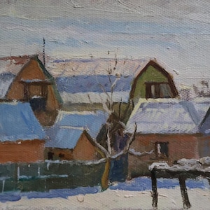 Pintura a óleo antiga, paisagem original, pintura a óleo vintage, paisagem rural de inverno, artista ucraniano soviético V. A. Zhegur, obra de arte assinada