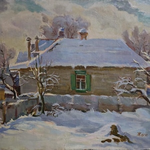 Paisagem rural de inverno, pintura a óleo antiga original, pintura a óleo vintage, artista ucraniano soviético V. A. Zhegur, obra de arte assinada dos anos 70