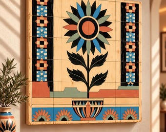 Hacienda Blossom | Southwest Folk Art | Birchwood Art Panel | Geometric Floral Wall Decor | 24x24″ (60x60 cm)