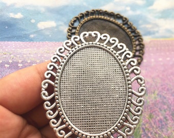 Bulk sale 20pcs antiqued silver/antiqued bronze oval lace bezel pendant blanks(40x30mm cabochon size)