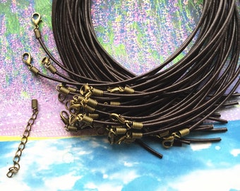 One end unattach--10pcs 11-27 inch adjustable 2mm thickness brown genuine(real) leather necklace cords with Antiqued bronze  lobster clasps